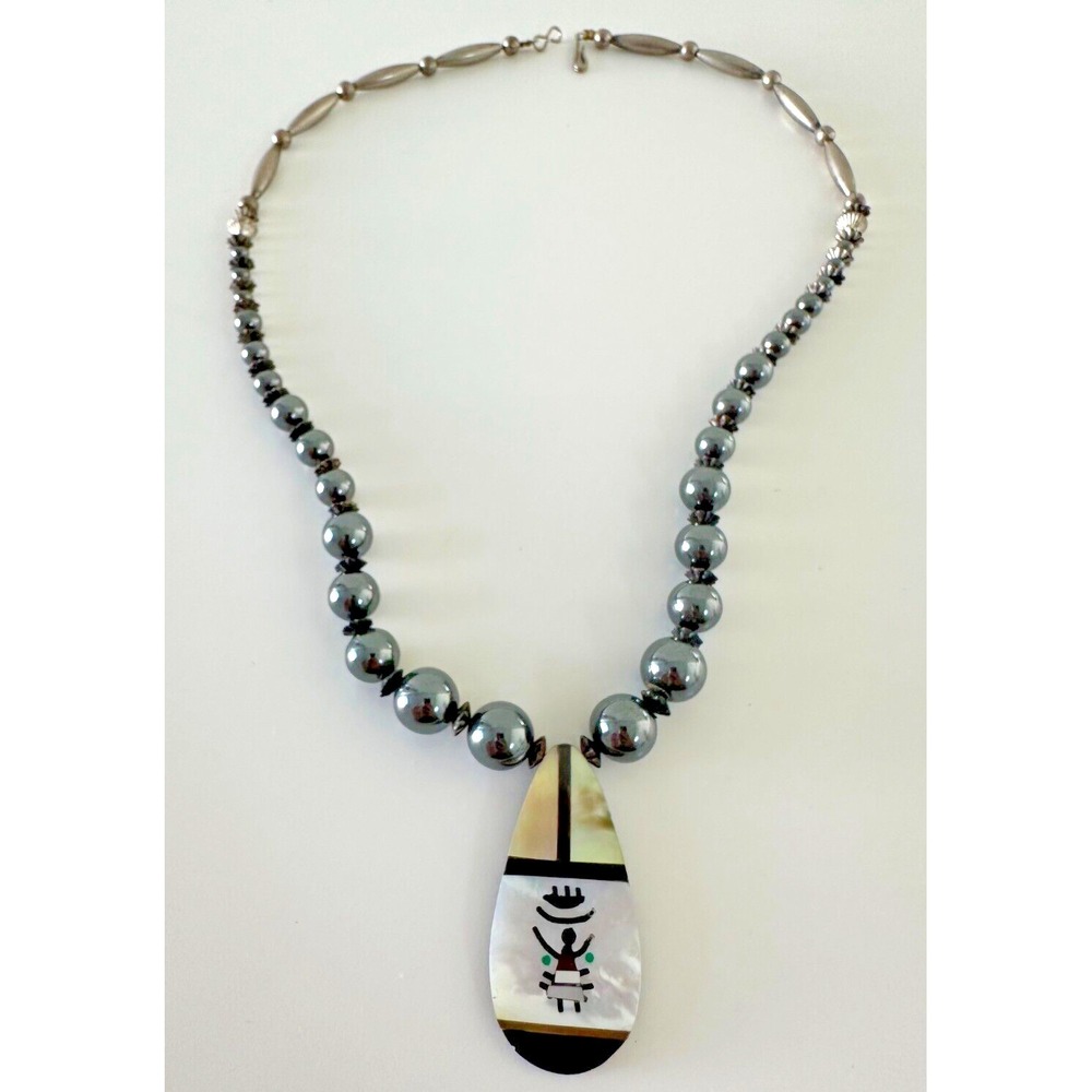 Hopi Kachina Necklace Stone Inlay Pendant Hematite Beaded 20 in Mother of Pearl